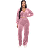 Korean velvet zipper jacket straight leg pants set