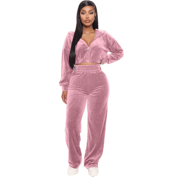 Korean velvet zipper jacket straight leg pants set