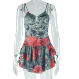 Printed pleated short skirt sleeveless chest hugging suspender backless dress
