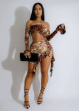 One shoulder hollowed out leopard print long sleeved dress with exposed shoulder