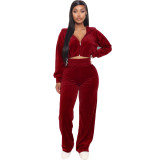 Korean velvet zipper jacket straight leg pants set