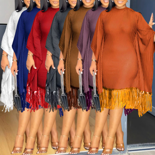 Sparkling fringe bat sleeve elastic hip hugging dress