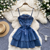 Strap denim dress cake skirt