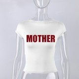 Printed backless tight fitting short sleeved half high neck T-shirt