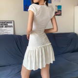 Low cut square neck halter tied short sleeved pleated dress