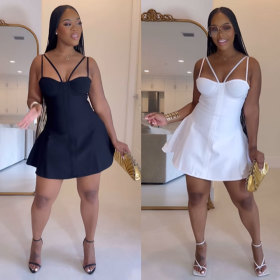 Strap waist cinching mini dress with micro pull up