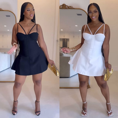 Strap waist cinching mini dress with micro pull up
