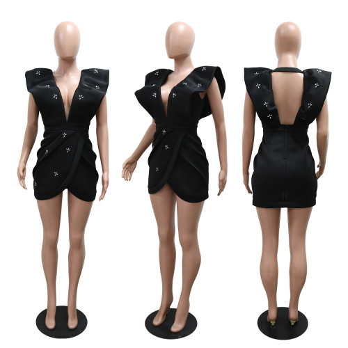 Deep V-Bag Hip Hot Diamond Party Dress