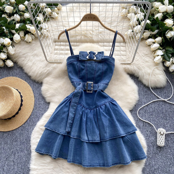 Strap denim dress cake skirt