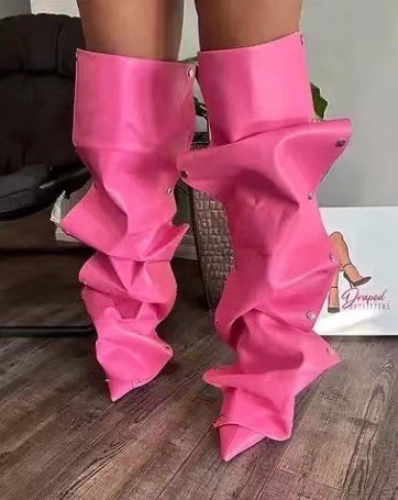 High heels, pointed metal rivets, denim splicing, two-piece stacking, knee high boots