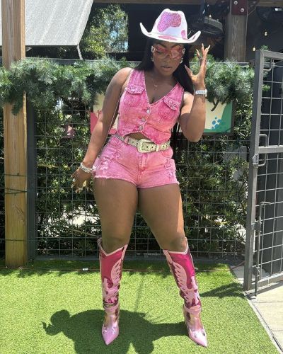 Elastic denim embroidered vest shorts set