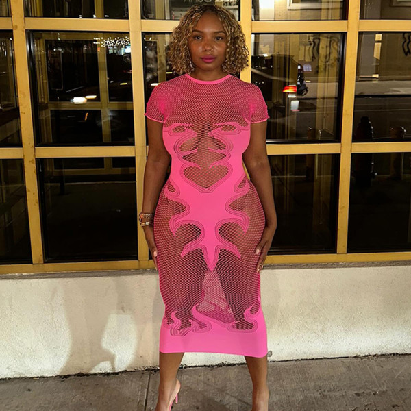 Fishing net round neck hollowed out see through tight fitting dress