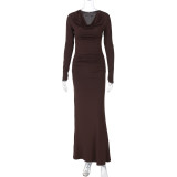 Swing collar long sleeved pleated hip hugging dress