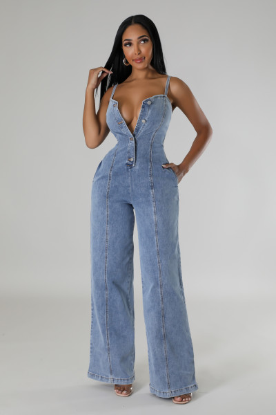 Strap denim jumpsuit wide leg pants