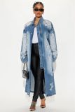 Cross embroidery long trench coat denim jacket