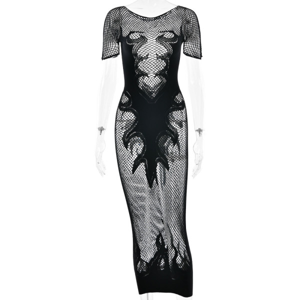 Fishing net round neck hollowed out see through tight fitting dress