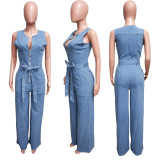 Elastic wash denim straight leg loose jumpsuit