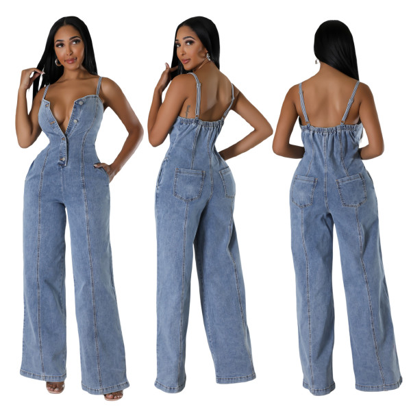 Strap denim jumpsuit wide leg pants