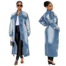 Cross embroidery long trench coat denim jacket