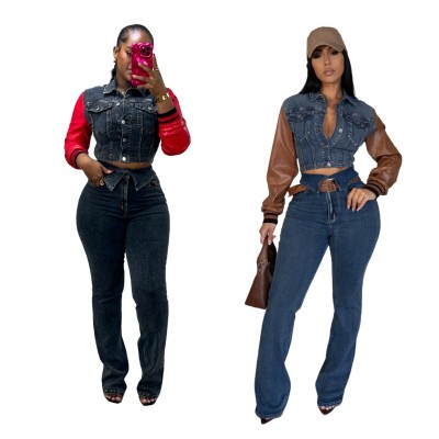 Cowboy Splicing Elastic Pants Cowboy Set