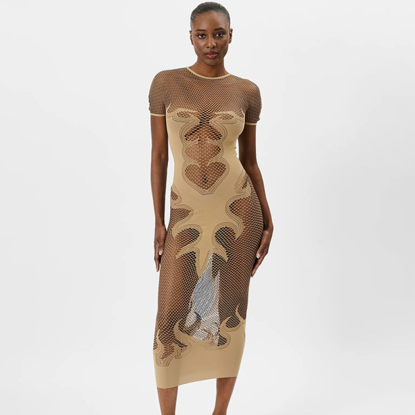 Fishing net round neck hollowed out see through tight fitting dress