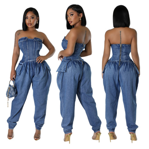 Spliced strapless high stretch waist cinched denim jumpsuit