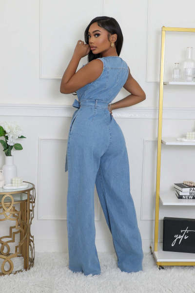Elastic wash denim straight leg loose jumpsuit