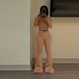 Long sleeved small flared solid color high elasticity two-piece set