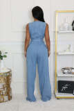Elastic wash denim straight leg loose jumpsuit
