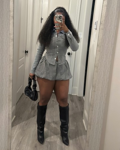 Slim fit shirt elastic denim skirt set