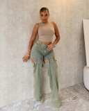 Straight retro washed hollow denim jeans