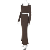 Solid color long sleeved one shoulder lapel skirt set