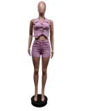 Elastic denim embroidered vest shorts set