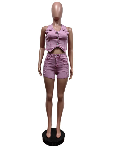 Elastic denim embroidered vest shorts set