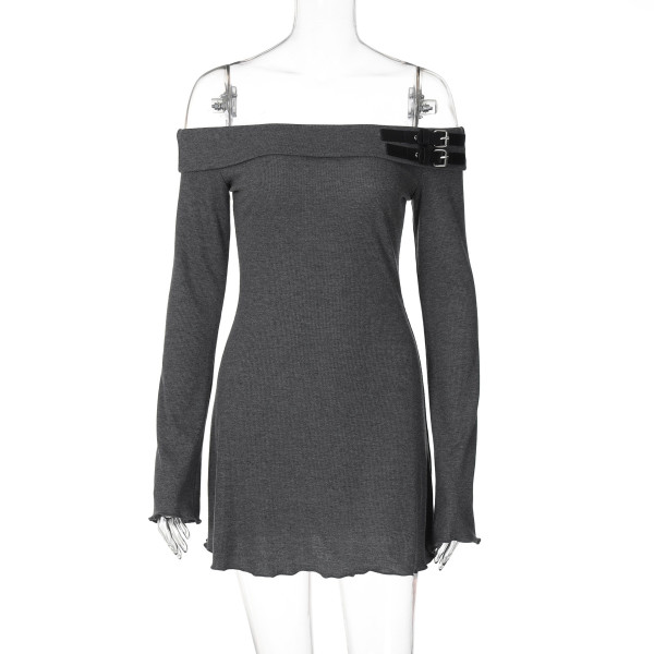 Solid color one shoulder long sleeved off shoulder high waisted hip hugging dress