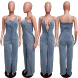 Strap denim jumpsuit wide leg pants