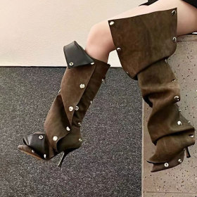 High heels, pointed metal rivets, denim splicing, two-piece stacking, knee high boots
