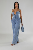 Strap denim jumpsuit wide leg pants
