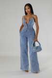 Strap denim jumpsuit wide leg pants