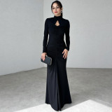 High neck hollow pleated long sleeved dress