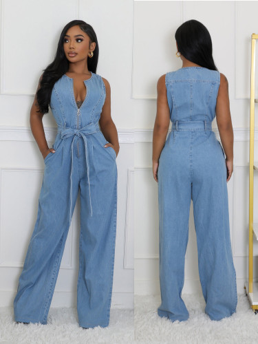 Elastic wash denim straight leg loose jumpsuit