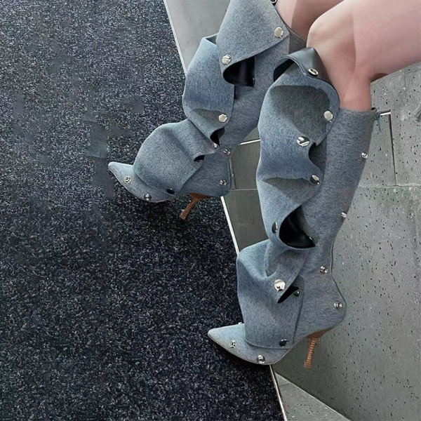 High heels, pointed metal rivets, denim splicing, two-piece stacking, knee high boots