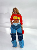 Letter contrasting knitted crop top with exposed navel