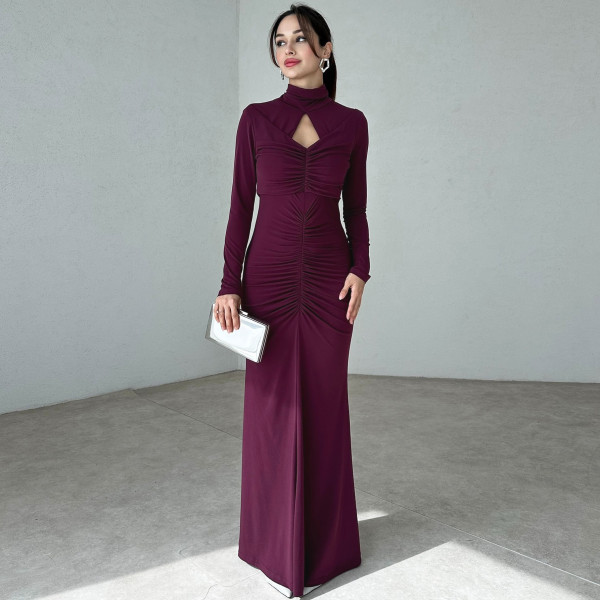 High neck hollow pleated long sleeved dress