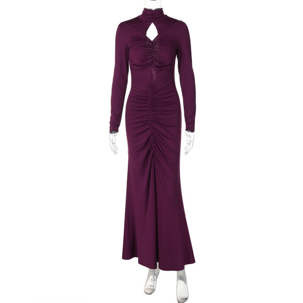 High neck hollow pleated long sleeved dress
