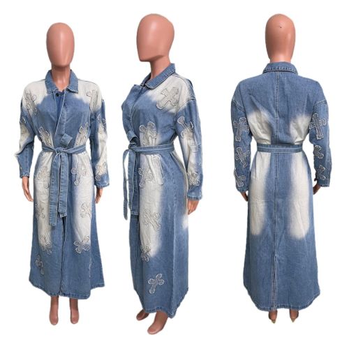 Cross embroidery long trench coat denim jacket