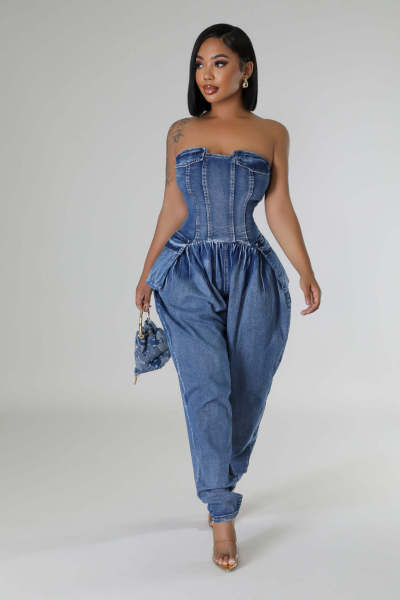 Spliced strapless high stretch waist cinched denim jumpsuit