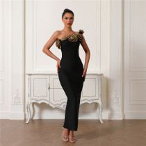 3D floral sloping shoulder sleeveless bandage dress