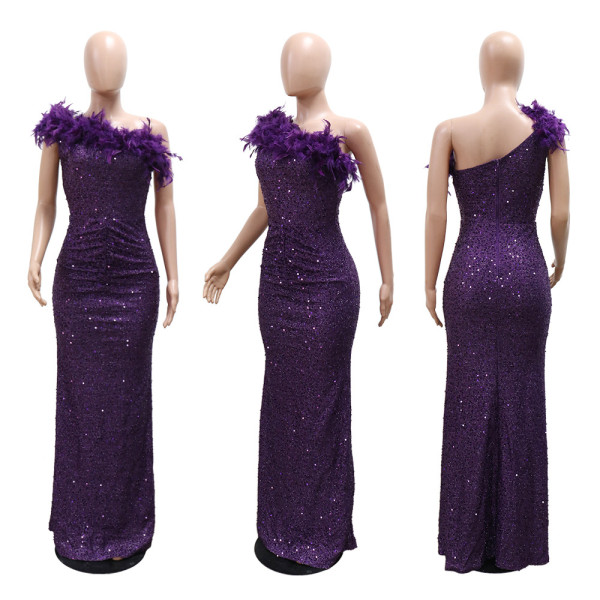 Sequin feather patchwork bead dress long skirt