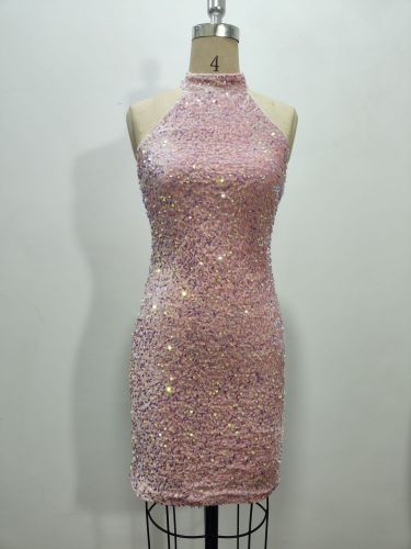 Flash neck hanging backless sleeveless pleated sequin mini dress